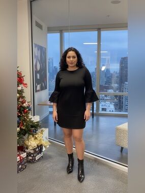 Black Tape Black Textured Shift Dress with Ruffle Sleeves